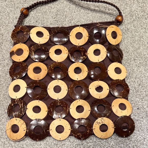 Brown and Tan wood Beaded Women's Bag - Picture 2 of 10